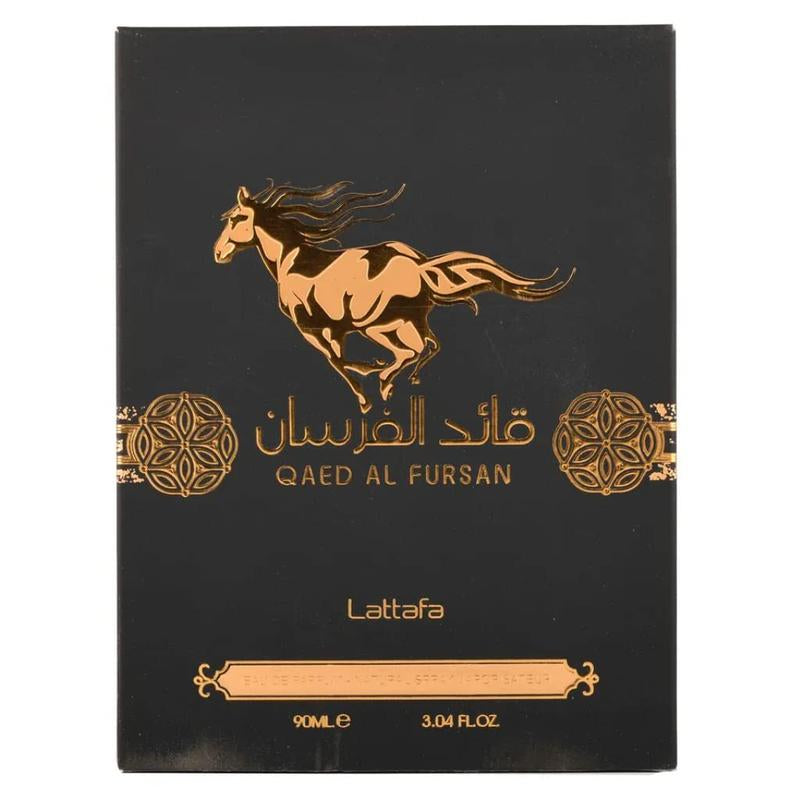 Lattafa Perfumes Qaed Al Fursan Perfume by Lattafa (Black Box ) 3.04 Oz - Fruity and Fresh Fragrance with a Sweet Woody Dry down Aroma Floral