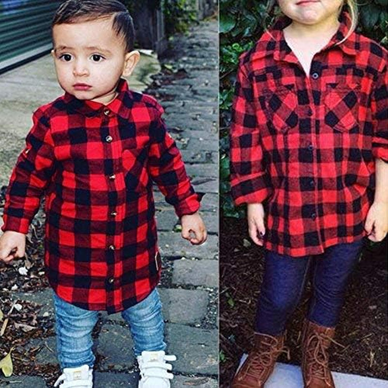Kids Little Boys Girls Baby Long Sleeve Button down Red Plaid Flannel Shirt Plaid Girl Boy NB-6T