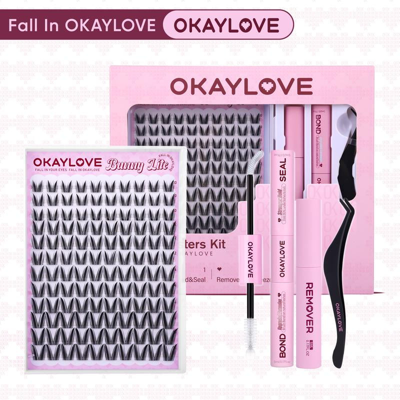 OKAYLOVE Bunny | Bunny Lite Lash Clusters Kit Mang Lash Extension Kit Lightweight Eyelashes Clusters with Waterproof Long-Lasting Lash Bond and Seal,Tweezers and Remover for DIY Eyelash at Home Easily, Natural Makeup Girl Gifts