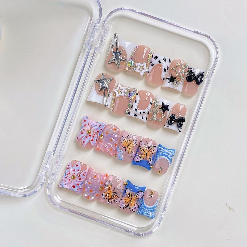 Nailluna |Twin Set Offer Collection | 2 Designs | Uniqueflared Shape |Handmade Press Ons | Cute, Thick, Durable Nail Art Gift Set | Sparkly Studded Rhinestone | Spakly Rhinestones