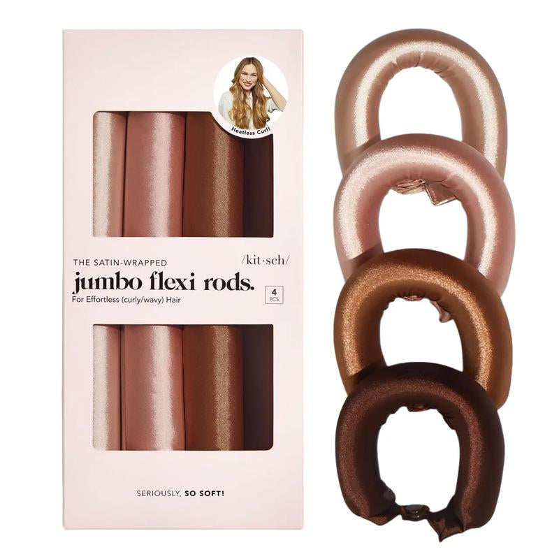 Kitsch Satin Heatless Curling Rod - Jumbo Flexi Rod, Heatless Hair Curler for Overnight, Soft Hair Curlers, Heatless Curlers for Women, 4Pcs, Rosewood