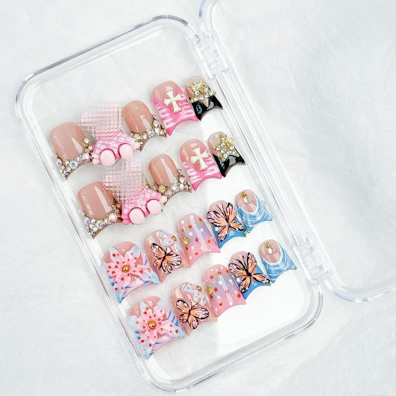 Nailluna |Twin Set Offer Collection | 2 Designs | Uniqueflared Shape |Handmade Press Ons | Cute, Thick, Durable Nail Art Gift Set | Sparkly Studded Rhinestone | Spakly Rhinestones