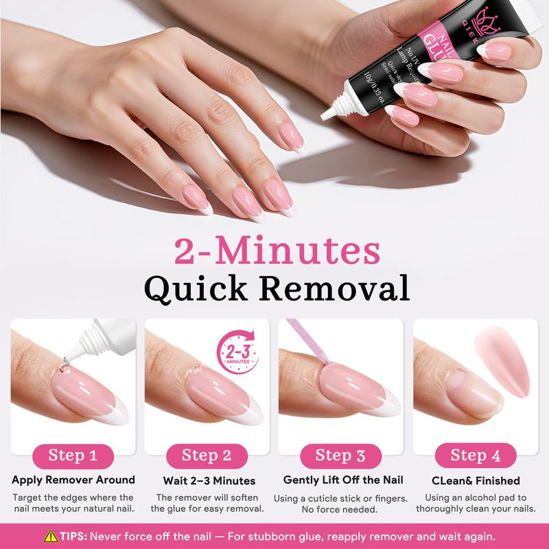 No-Lamp Nail Glue & Remover Set for Press Ons, 10Ml Quick Dry 28 Days Super Strong Hold Glue on Nails, 10G Gentle Easy Removal with Tools Set for Beginner DIY Home, Not for Gel Polish Base Coat Holiday Haul