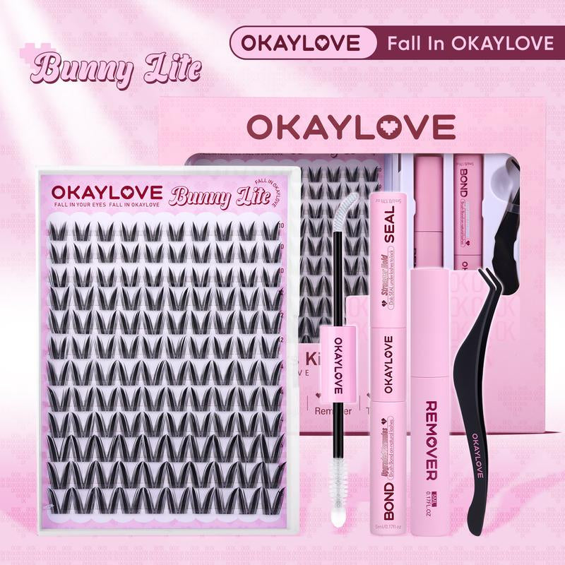 OKAYLOVE Bunny | Bunny Lite Lash Clusters Kit Mang Lash Extension Kit Lightweight Eyelashes Clusters with Waterproof Long-Lasting Lash Bond and Seal,Tweezers and Remover for DIY Eyelash at Home Easily, Natural Makeup Girl Gifts