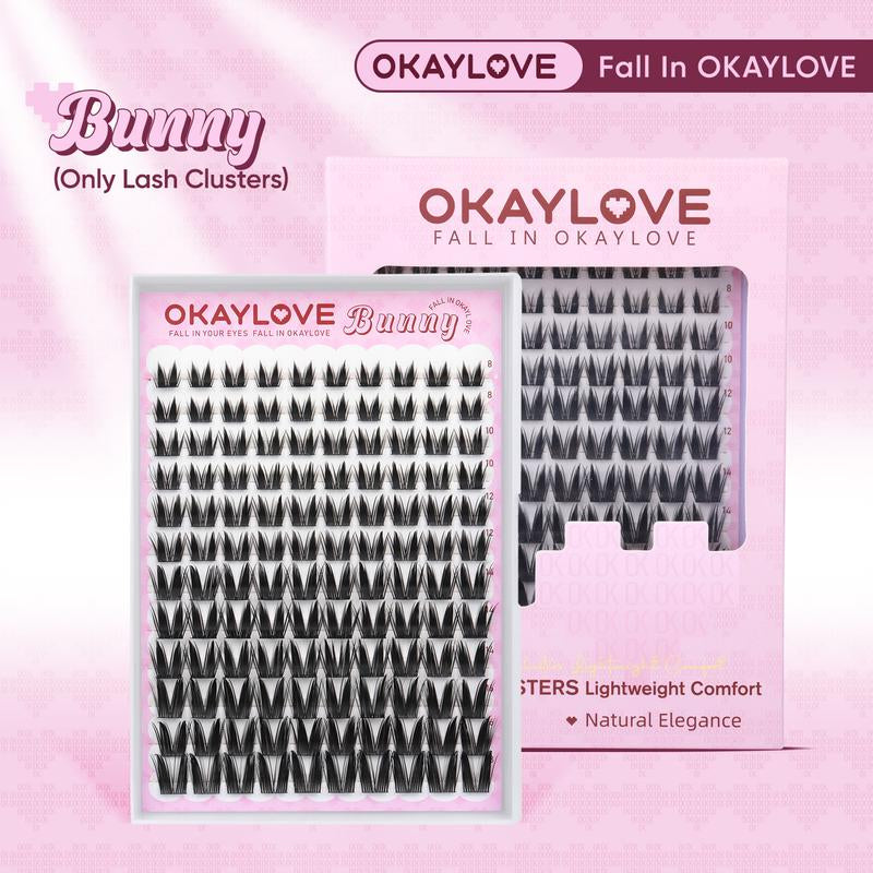 OKAYLOVE Bunny | Bunny Lite Lash Clusters Kit Mang Lash Extension Kit Lightweight Eyelashes Clusters with Waterproof Long-Lasting Lash Bond and Seal,Tweezers and Remover for DIY Eyelash at Home Easily, Natural Makeup Girl Gifts
