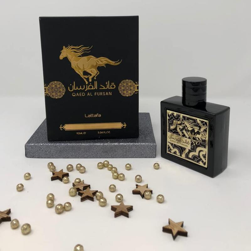 Lattafa Perfumes Qaed Al Fursan Perfume by Lattafa (Black Box ) 3.04 Oz - Fruity and Fresh Fragrance with a Sweet Woody Dry down Aroma Floral