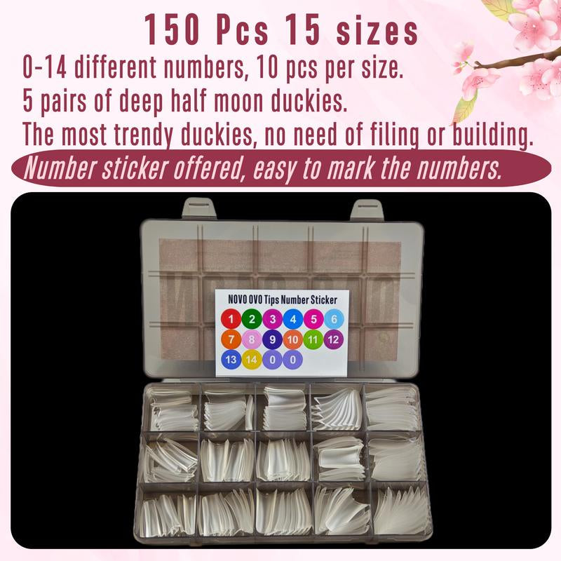 NOVO OVO Extra Thick Duck Feet Nail Tips Full Cover for Press on Acrylic with Moon Curve, Medim Long Clear Pre-Etched Matter Flare Wide French Soft Gel Fake False Nail Extension X 15 Sizes 150 Pcs【No GLUE ,TOP COATAND LAMP INCLUDED】