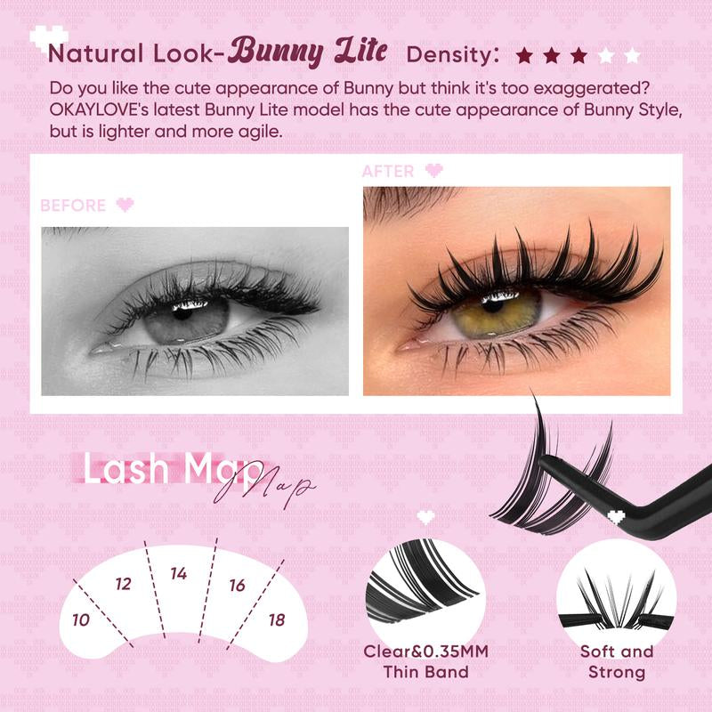 OKAYLOVE Bunny | Bunny Lite Lash Clusters Kit Mang Lash Extension Kit Lightweight Eyelashes Clusters with Waterproof Long-Lasting Lash Bond and Seal,Tweezers and Remover for DIY Eyelash at Home Easily, Natural Makeup Girl Gifts