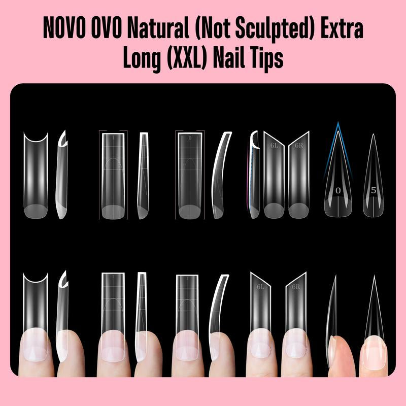 NOVO OVO XXL Square Nail Tips with Sharp Point & Moon Curve，Extra Thick False Nails Press On, Matte Full Cover Soft Gel Extension Fake Nail Acrylic Kit French Tip X 15 Size 180Pcs【No GLUE ,TOP COATAND LAMP INCLUDED】