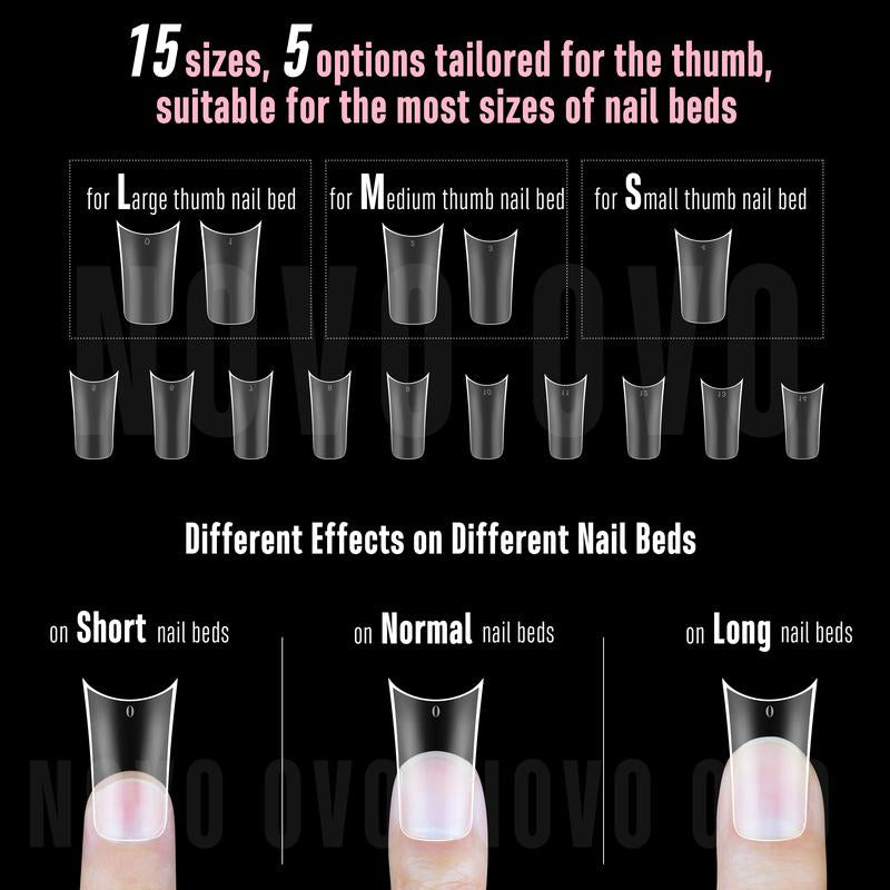 NOVO OVO Extra Thick Duck Feet Nail Tips Full Cover for Press on Acrylic with Moon Curve, Medim Long Clear Pre-Etched Matter Flare Wide French Soft Gel Fake False Nail Extension X 15 Sizes 150 Pcs【No GLUE ,TOP COATAND LAMP INCLUDED】