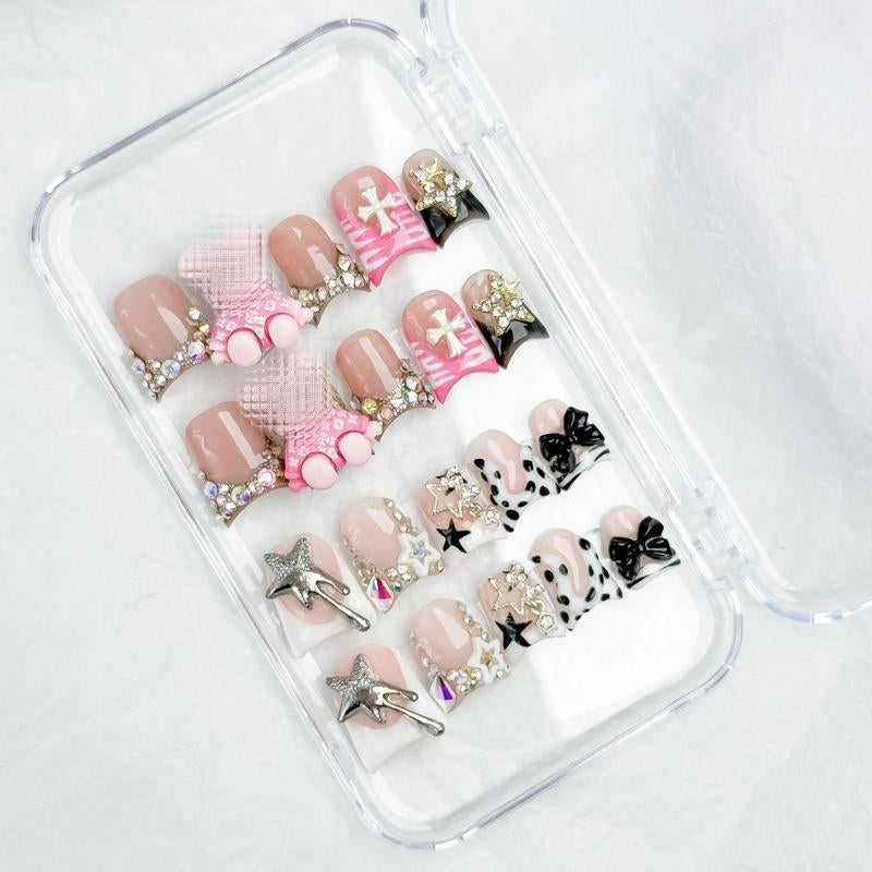 Nailluna |Twin Set Offer Collection | 2 Designs | Uniqueflared Shape |Handmade Press Ons | Cute, Thick, Durable Nail Art Gift Set | Sparkly Studded Rhinestone | Spakly Rhinestones
