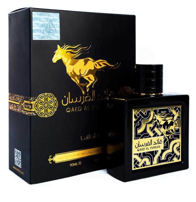 Lattafa Perfumes Qaed Al Fursan Perfume by Lattafa (Black Box ) 3.04 Oz - Fruity and Fresh Fragrance with a Sweet Woody Dry down Aroma Floral