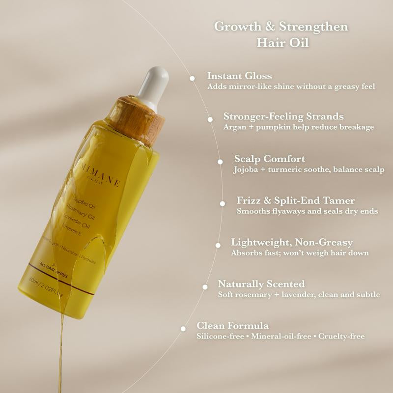 Mimane Glow – Growth & Strengthen Hair Oil | Lightweight Nourishing Formula | Jojoba, Babassu, Pumpkin Seed & Rosemary Oils + Vitamin E | for All Hair Types | 60 Ml Daily Haircare