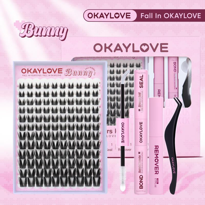 OKAYLOVE Bunny | Bunny Lite Lash Clusters Kit Mang Lash Extension Kit Lightweight Eyelashes Clusters with Waterproof Long-Lasting Lash Bond and Seal,Tweezers and Remover for DIY Eyelash at Home Easily, Natural Makeup Girl Gifts