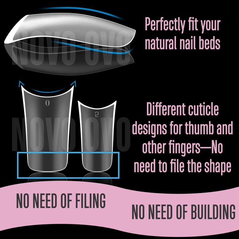 NOVO OVO Extra Thick Duck Feet Nail Tips Full Cover for Press on Acrylic with Moon Curve, Medim Long Clear Pre-Etched Matter Flare Wide French Soft Gel Fake False Nail Extension X 15 Sizes 150 Pcs【No GLUE ,TOP COATAND LAMP INCLUDED】
