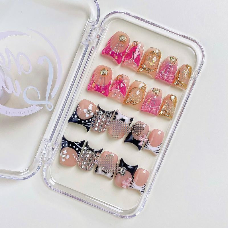 Nailluna |Twin Set Offer Collection | 2 Designs | Uniqueflared Shape |Handmade Press Ons | Cute, Thick, Durable Nail Art Gift Set | Sparkly Studded Rhinestone | Spakly Rhinestones