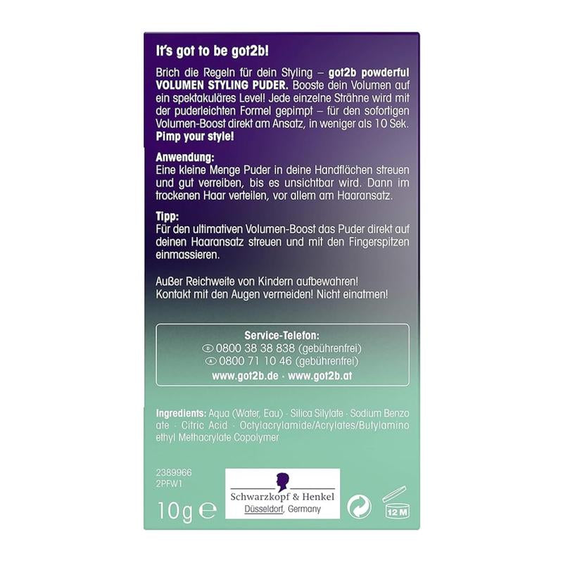 Got2B Schwarzkopf Powder'Ful Unisex Root Hair Styling Powder, for Instant Volume and Root Boost, Vegan, 10G