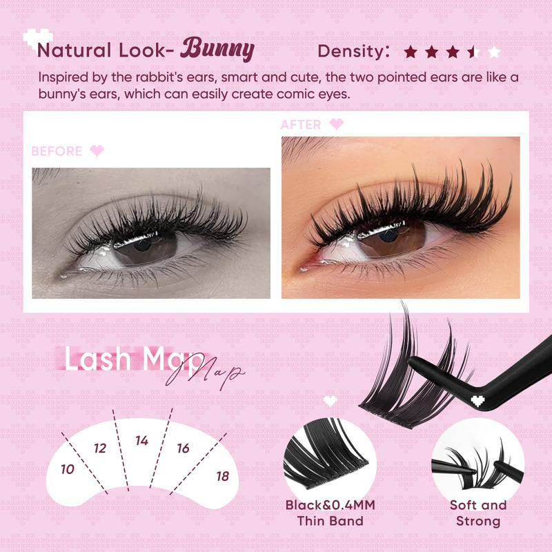 OKAYLOVE Bunny | Bunny Lite Lash Clusters Kit Mang Lash Extension Kit Lightweight Eyelashes Clusters with Waterproof Long-Lasting Lash Bond and Seal,Tweezers and Remover for DIY Eyelash at Home Easily, Natural Makeup Girl Gifts