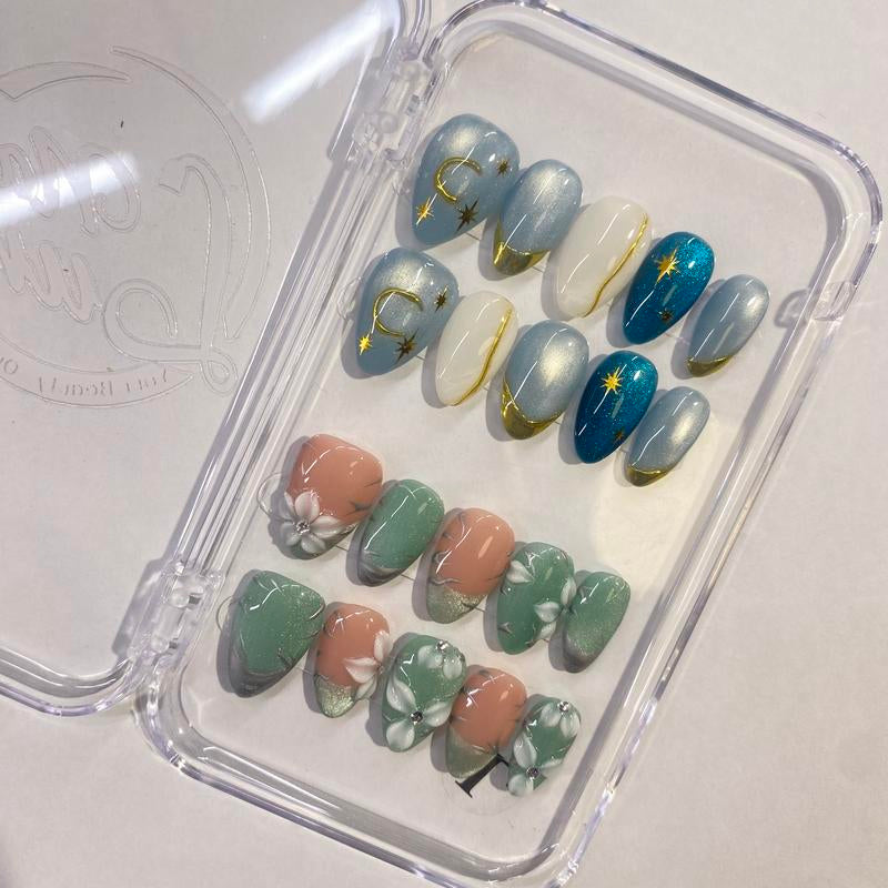 Nailluna |Twin Set Offer Collection | 2 Designs | Uniqueflared Shape |Handmade Press Ons | Cute, Thick, Durable Nail Art Gift Set | Sparkly Studded Rhinestone | Spakly Rhinestones