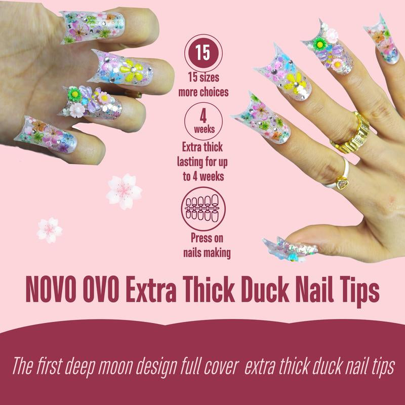 NOVO OVO Extra Thick Duck Feet Nail Tips Full Cover for Press on Acrylic with Moon Curve, Medim Long Clear Pre-Etched Matter Flare Wide French Soft Gel Fake False Nail Extension X 15 Sizes 150 Pcs【No GLUE ,TOP COATAND LAMP INCLUDED】