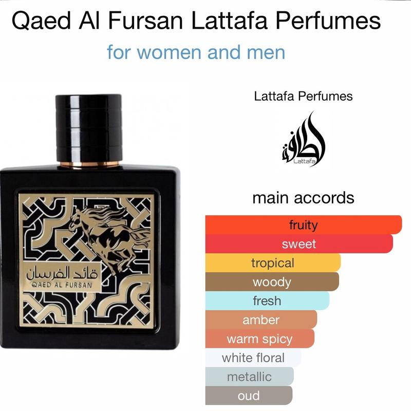 Lattafa Perfumes Qaed Al Fursan Perfume by Lattafa (Black Box ) 3.04 Oz - Fruity and Fresh Fragrance with a Sweet Woody Dry down Aroma Floral