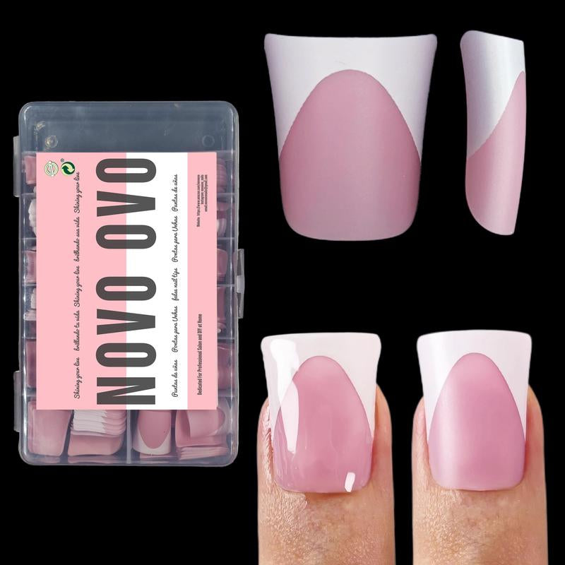 NOVO OVO Extra Thick Duck Feet Nail Tips Full Cover for Press on Acrylic with Moon Curve, Medim Long Clear Pre-Etched Matter Flare Wide French Soft Gel Fake False Nail Extension X 15 Sizes 150 Pcs【No GLUE ,TOP COATAND LAMP INCLUDED】
