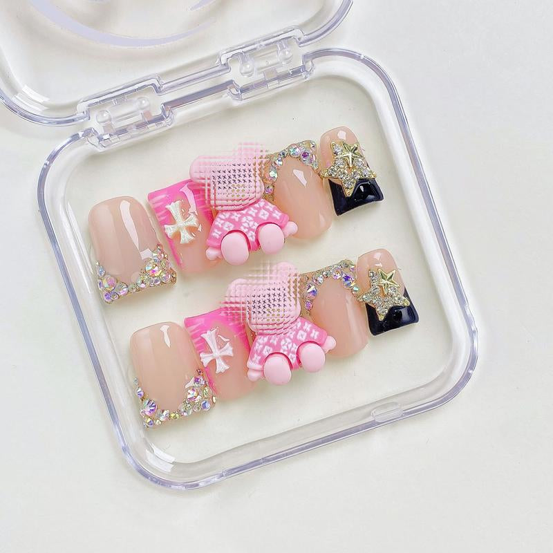 Nailluna |Twin Set Offer Collection | 2 Designs | Uniqueflared Shape |Handmade Press Ons | Cute, Thick, Durable Nail Art Gift Set | Sparkly Studded Rhinestone | Spakly Rhinestones