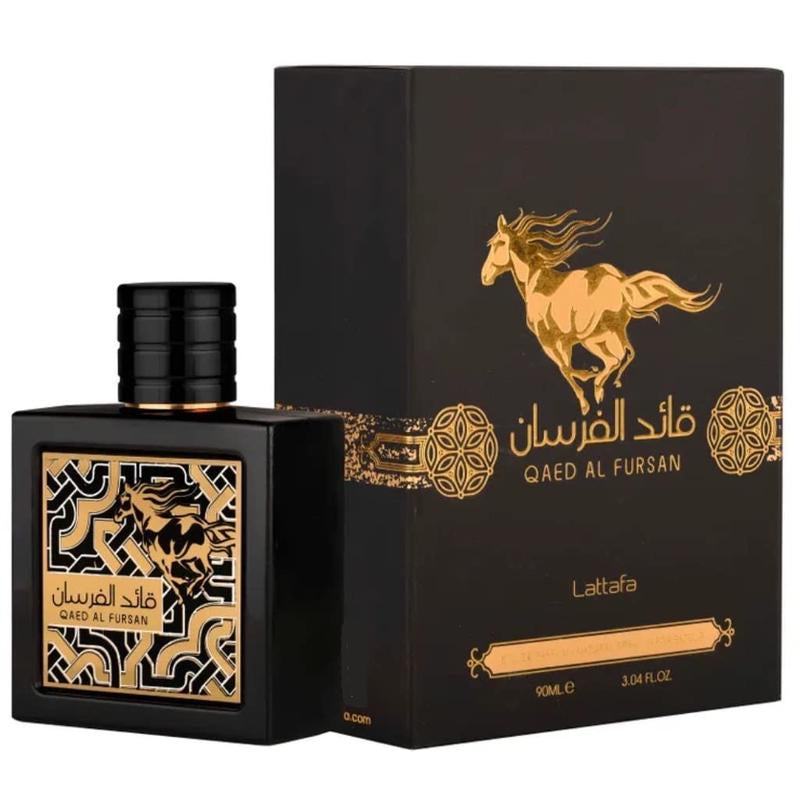 Lattafa Perfumes Qaed Al Fursan Perfume by Lattafa (Black Box ) 3.04 Oz - Fruity and Fresh Fragrance with a Sweet Woody Dry down Aroma Floral