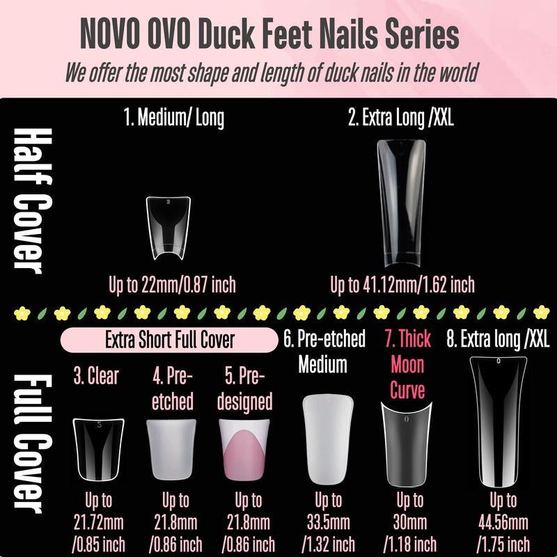 NOVO OVO Extra Thick Duck Feet Nail Tips Full Cover for Press on Acrylic with Moon Curve, Medim Long Clear Pre-Etched Matter Flare Wide French Soft Gel Fake False Nail Extension X 15 Sizes 150 Pcs【No GLUE ,TOP COATAND LAMP INCLUDED】