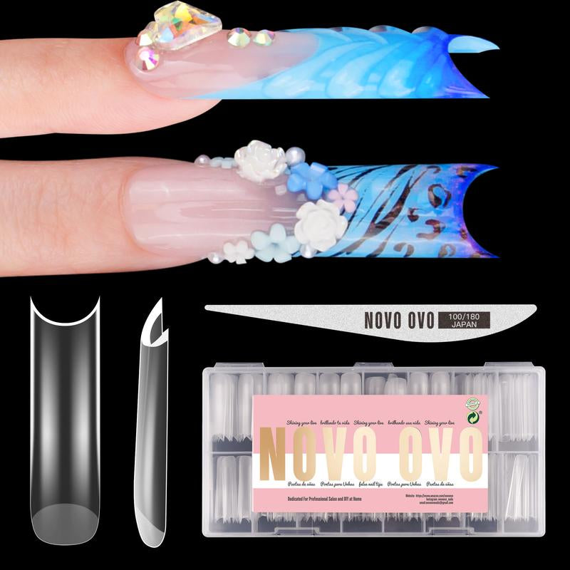 NOVO OVO XXL Square Nail Tips with Sharp Point & Moon Curve，Extra Thick False Nails Press On, Matte Full Cover Soft Gel Extension Fake Nail Acrylic Kit French Tip X 15 Size 180Pcs【No GLUE ,TOP COATAND LAMP INCLUDED】