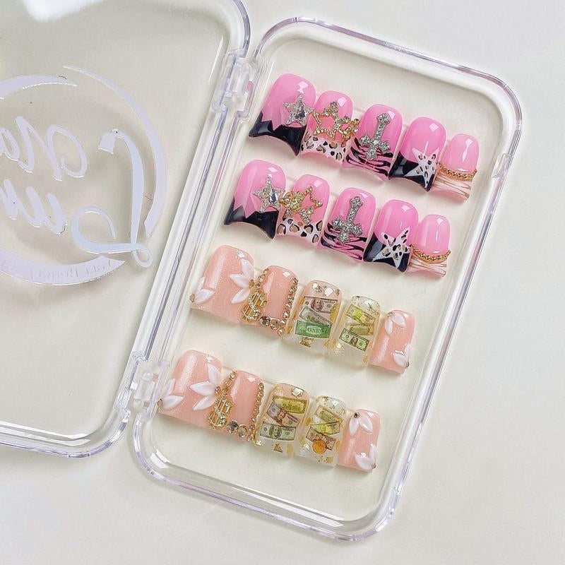 Nailluna |Twin Set Offer Collection | 2 Designs | Uniqueflared Shape |Handmade Press Ons | Cute, Thick, Durable Nail Art Gift Set | Sparkly Studded Rhinestone | Spakly Rhinestones